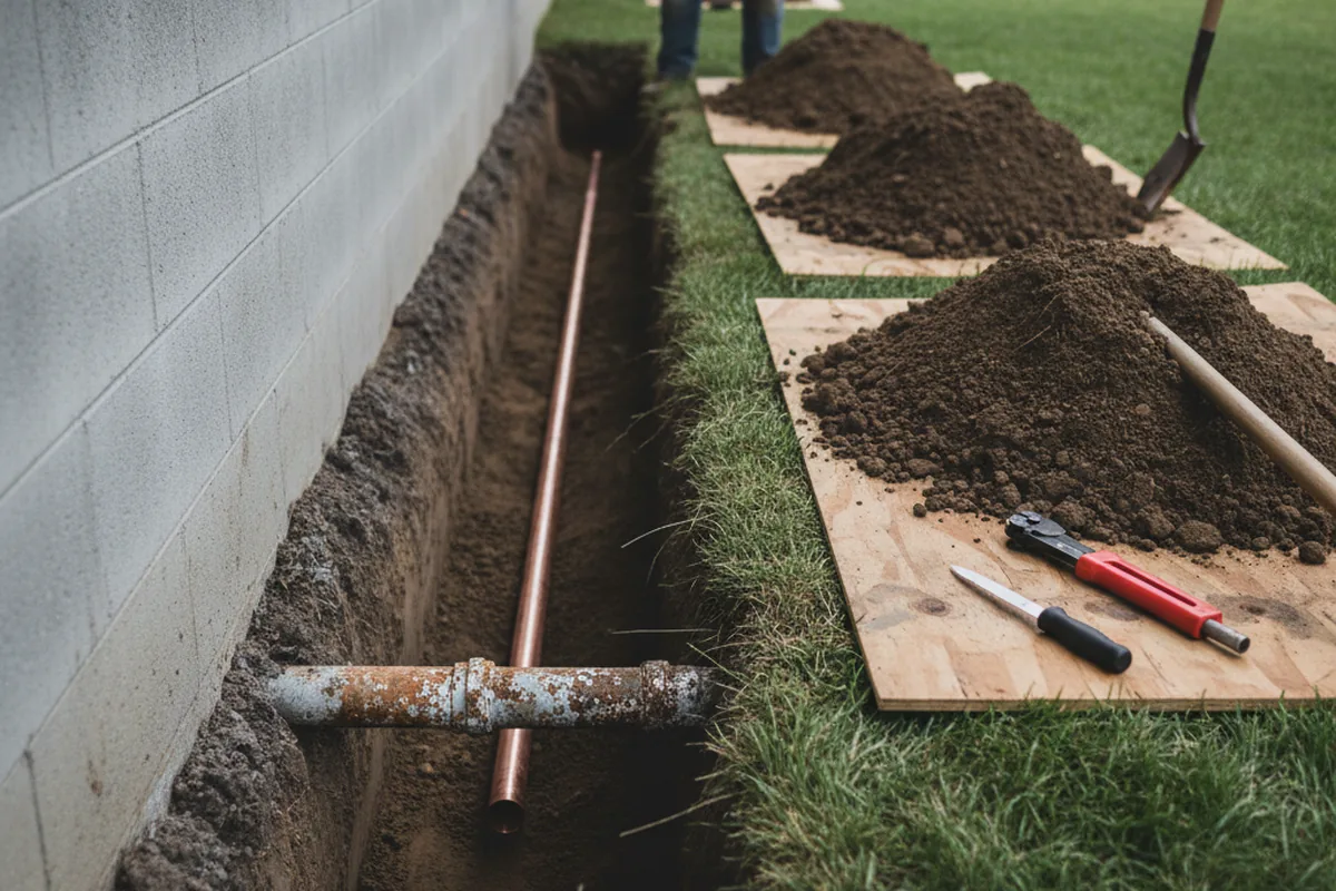 Excavated water line trench during Water Heater Repair in Rye
